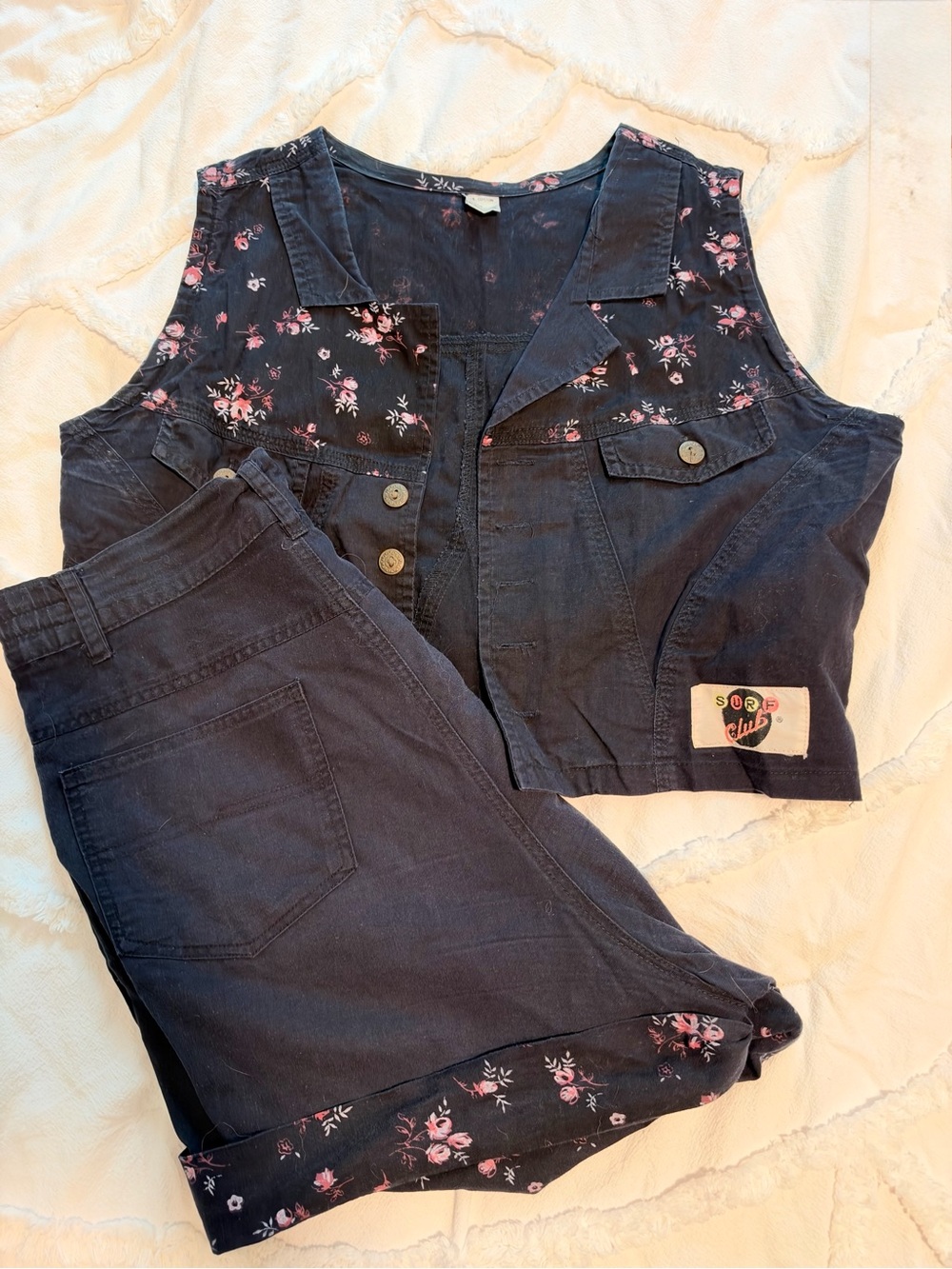 Vintage 90s Surf Club Navy Floral Cotton Vest & High-Waist Shorts Set